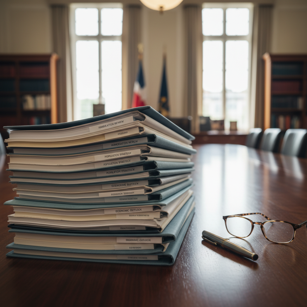 Government policy documents on immigration on a conference table.