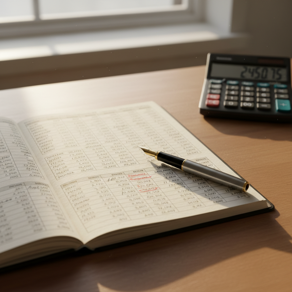 Financial ledger showing deductions with a calculator