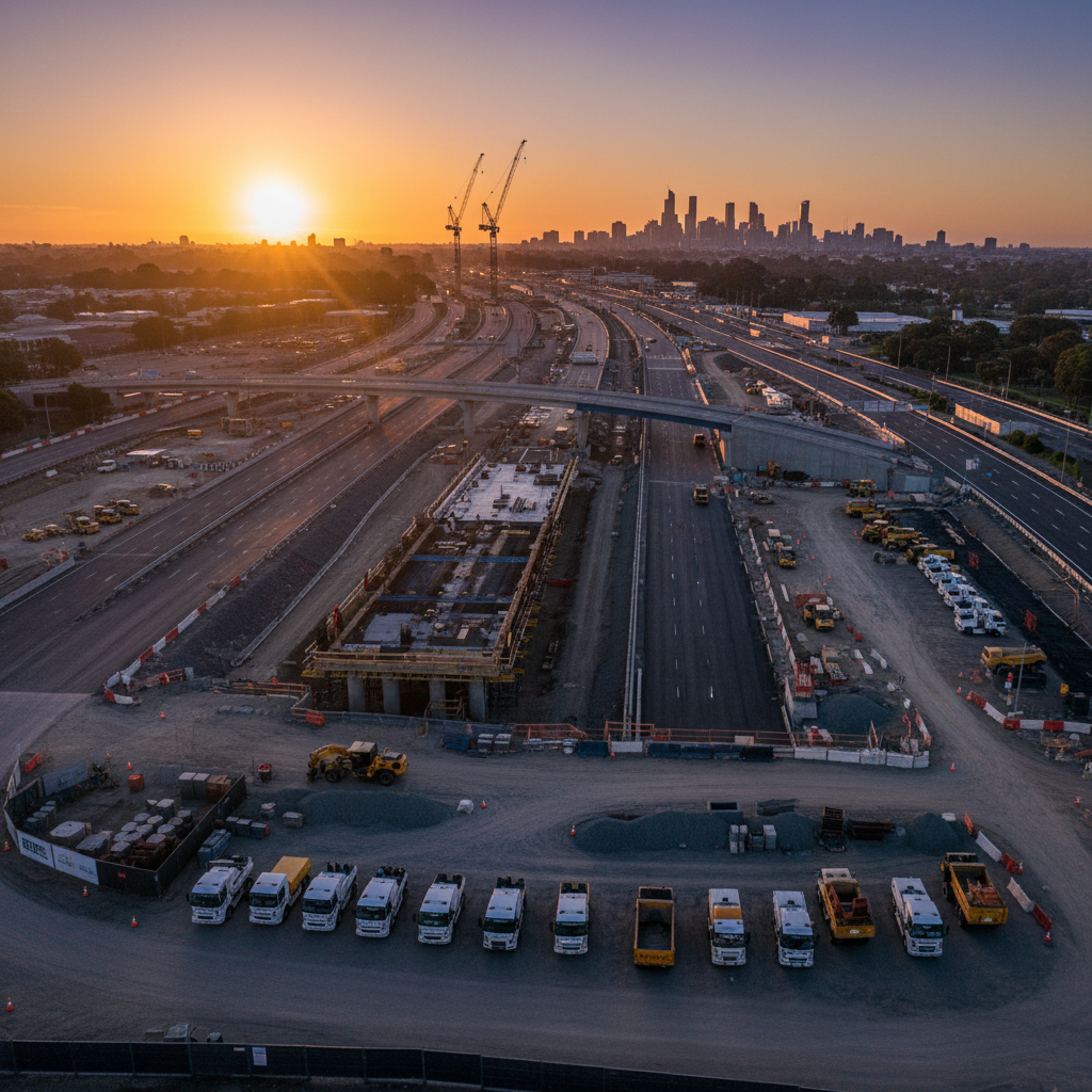 Freeway expansion project at dawn