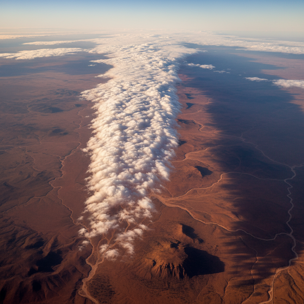 Aerial view of Australia's North-West Cloudband over arid land.