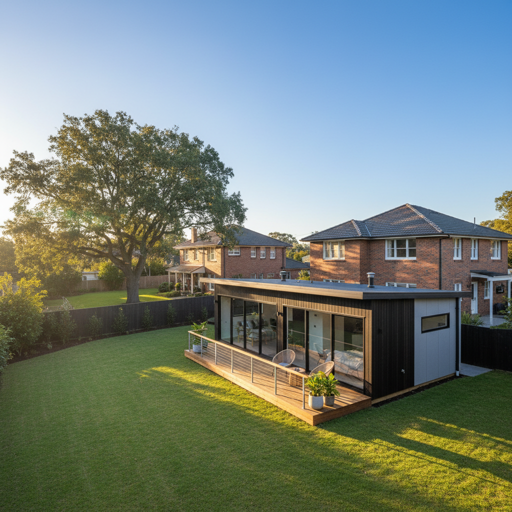 Modern granny flat in a suburban backyard.