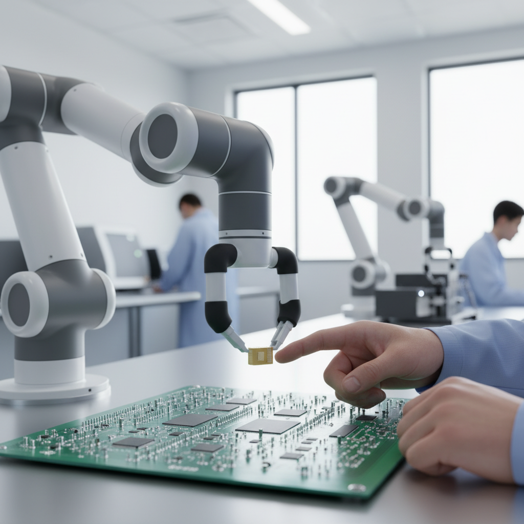 Collaborative robot working alongside a human hand.