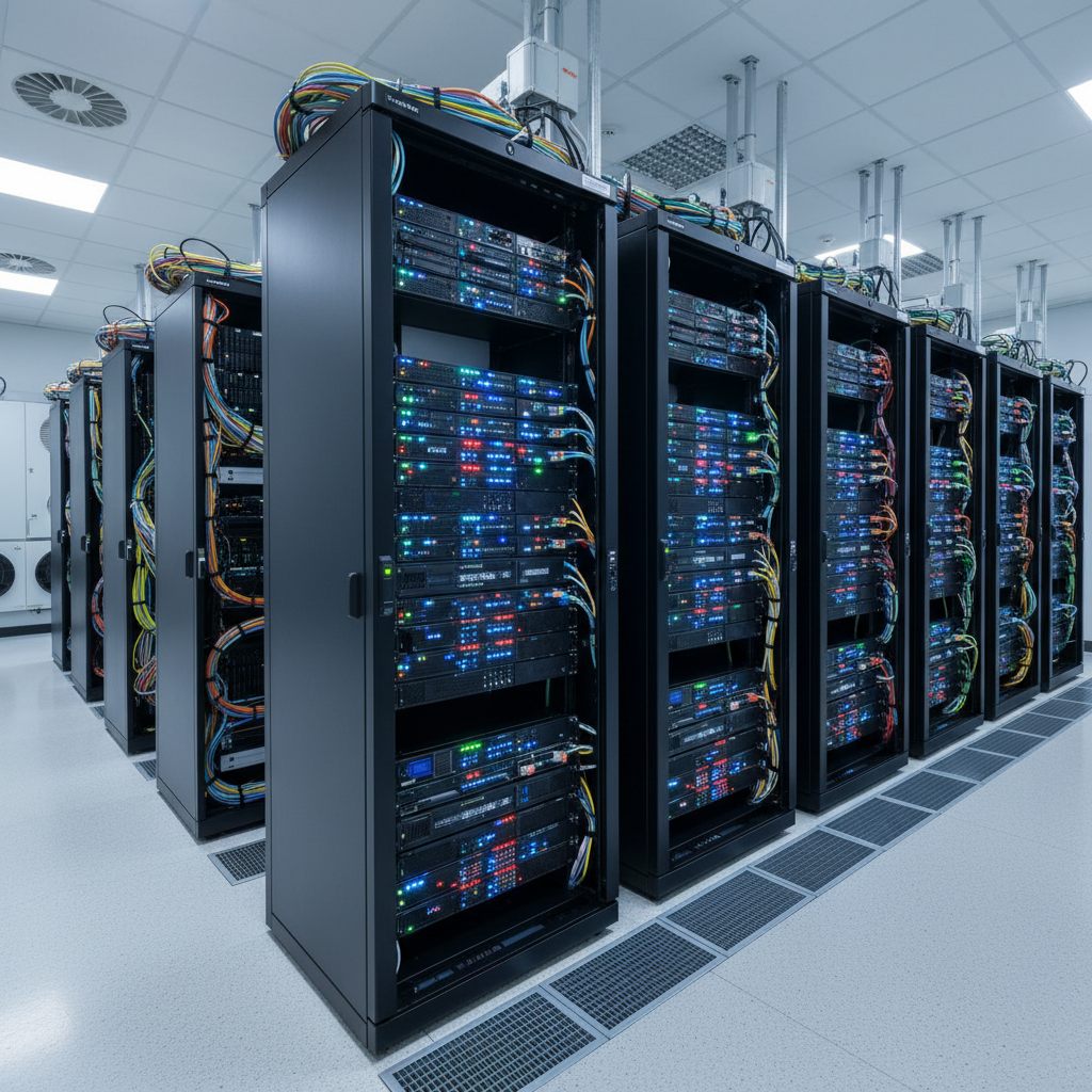 Data center server room with blinking lights