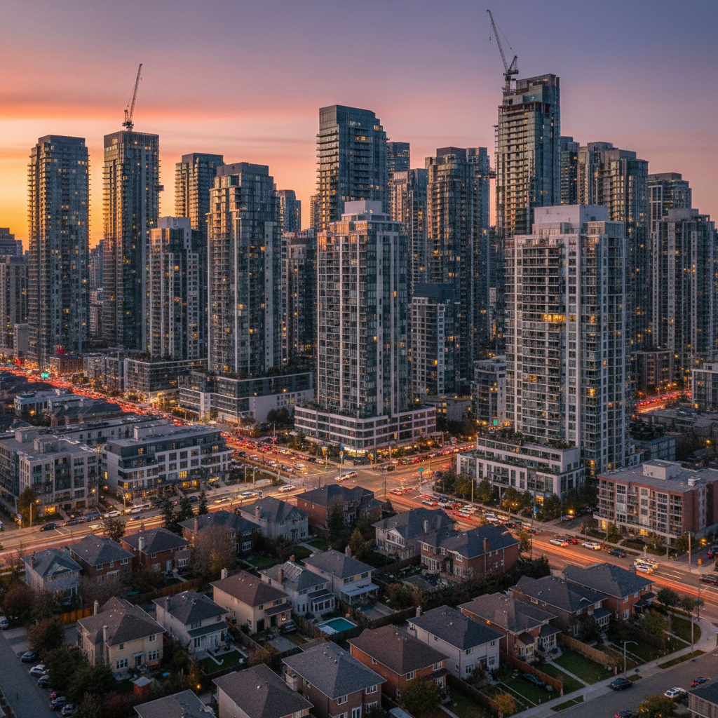City skyline with high-rise buildings at dusk.