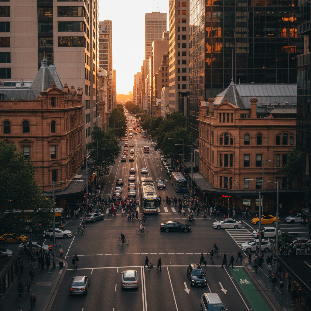 Busy Sydney intersection with traffic and pedestrians
