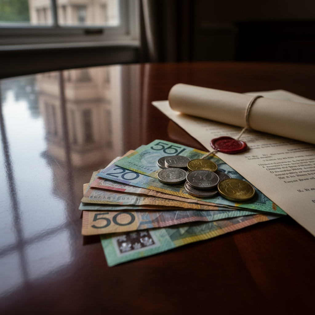 Australian dollars and legal document, hinting at inheritance tax.