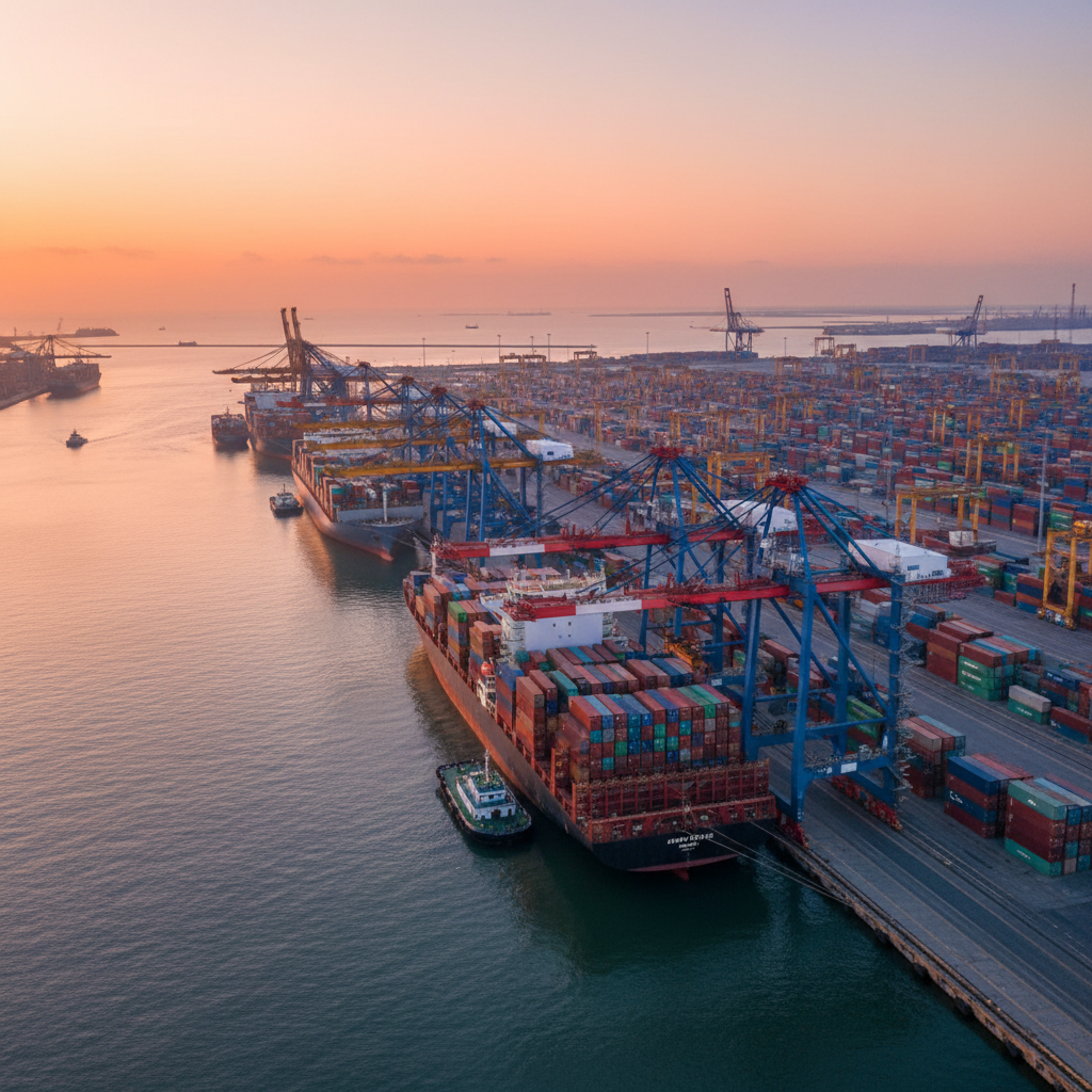 Global trade port at sunrise