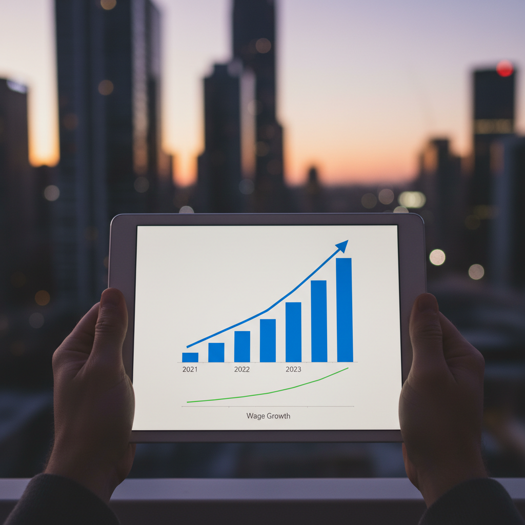Digital tablet showing Australian rent vs. wage growth chart.