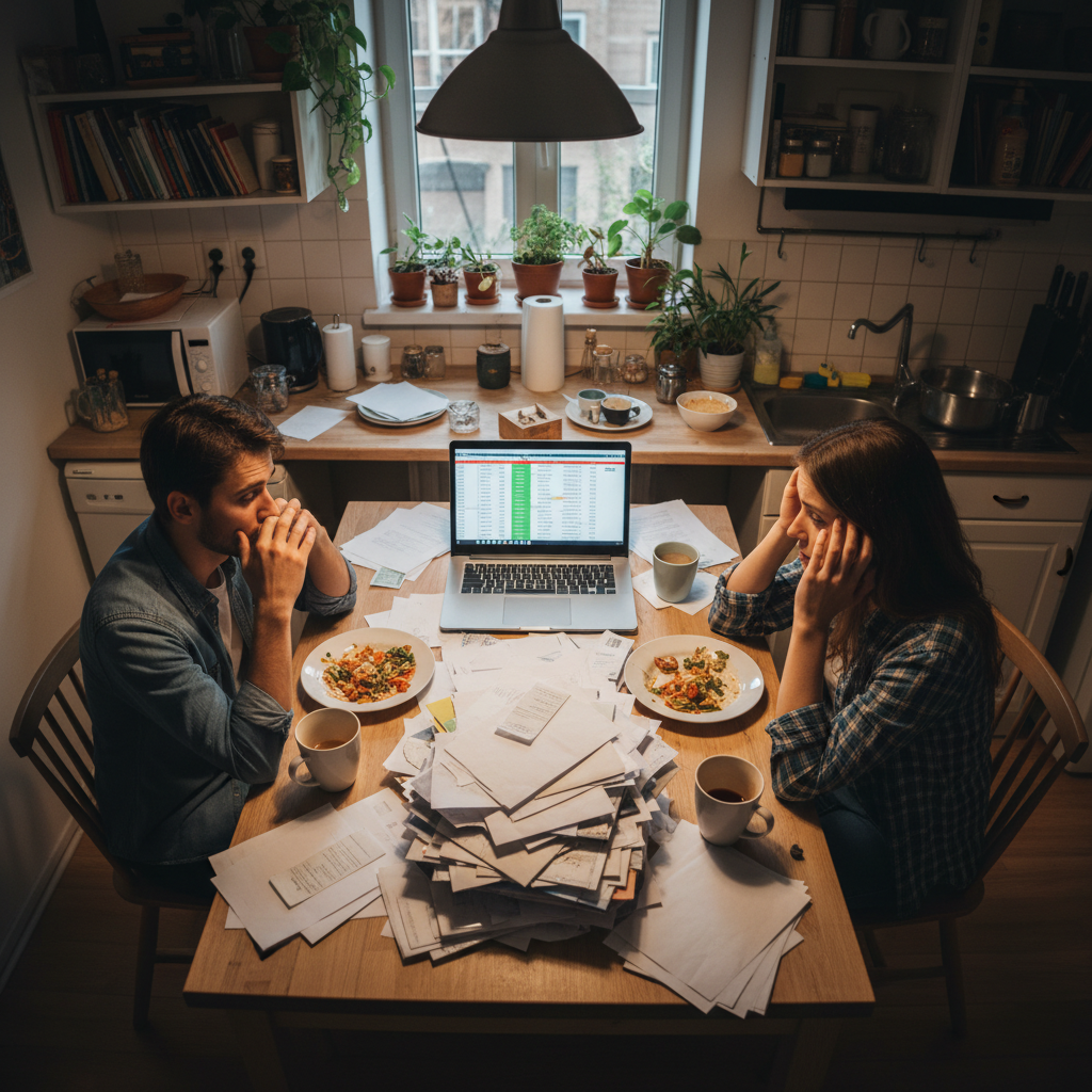 Stressed couple reviewing bills and budget at home.