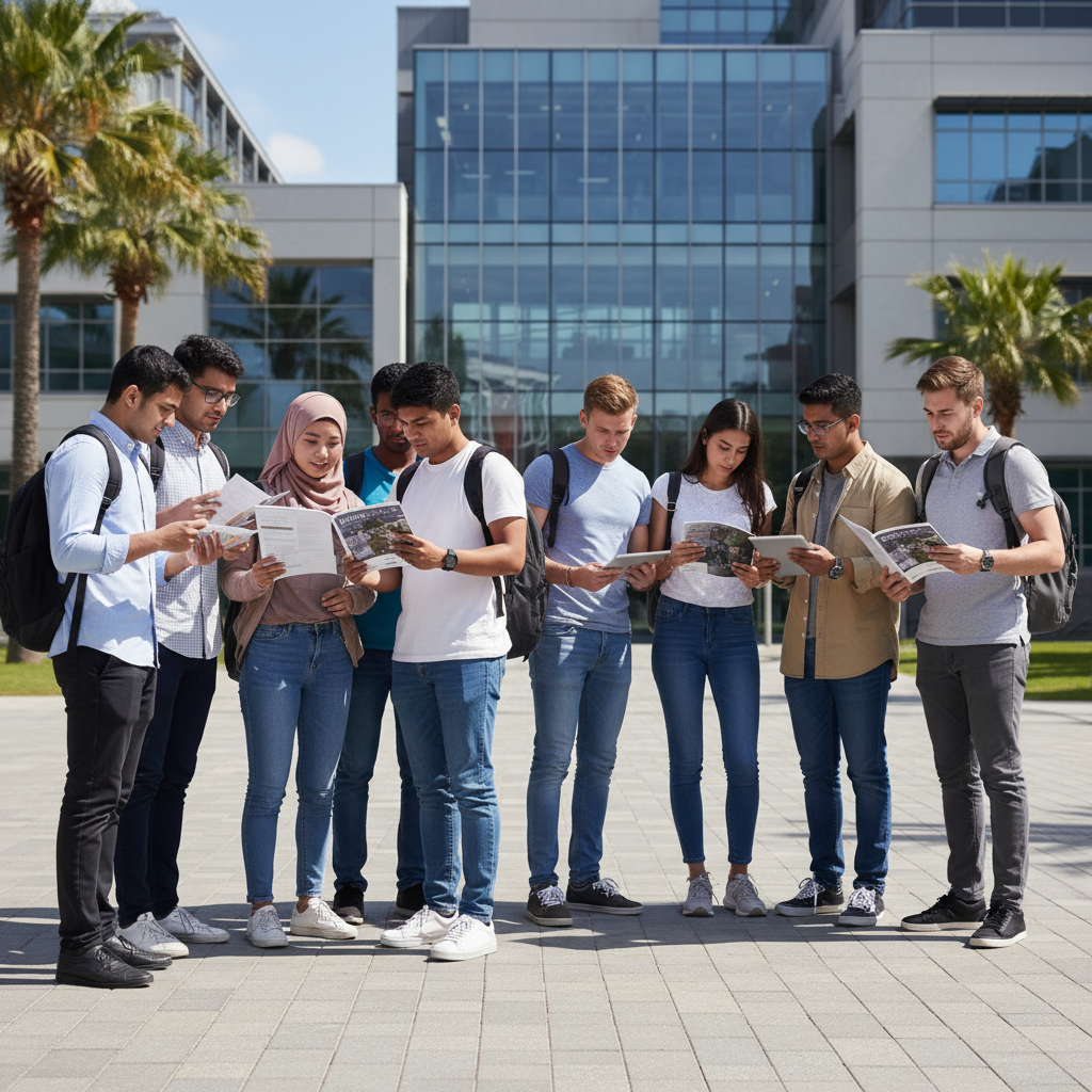 International students gathered in front of a modern university building.