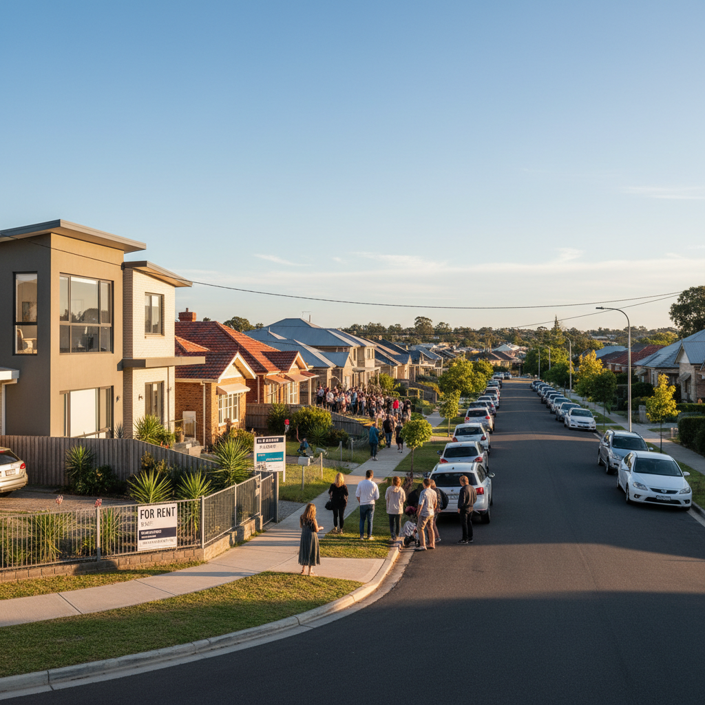 Australian suburban street with houses and 'For Rent' signs.