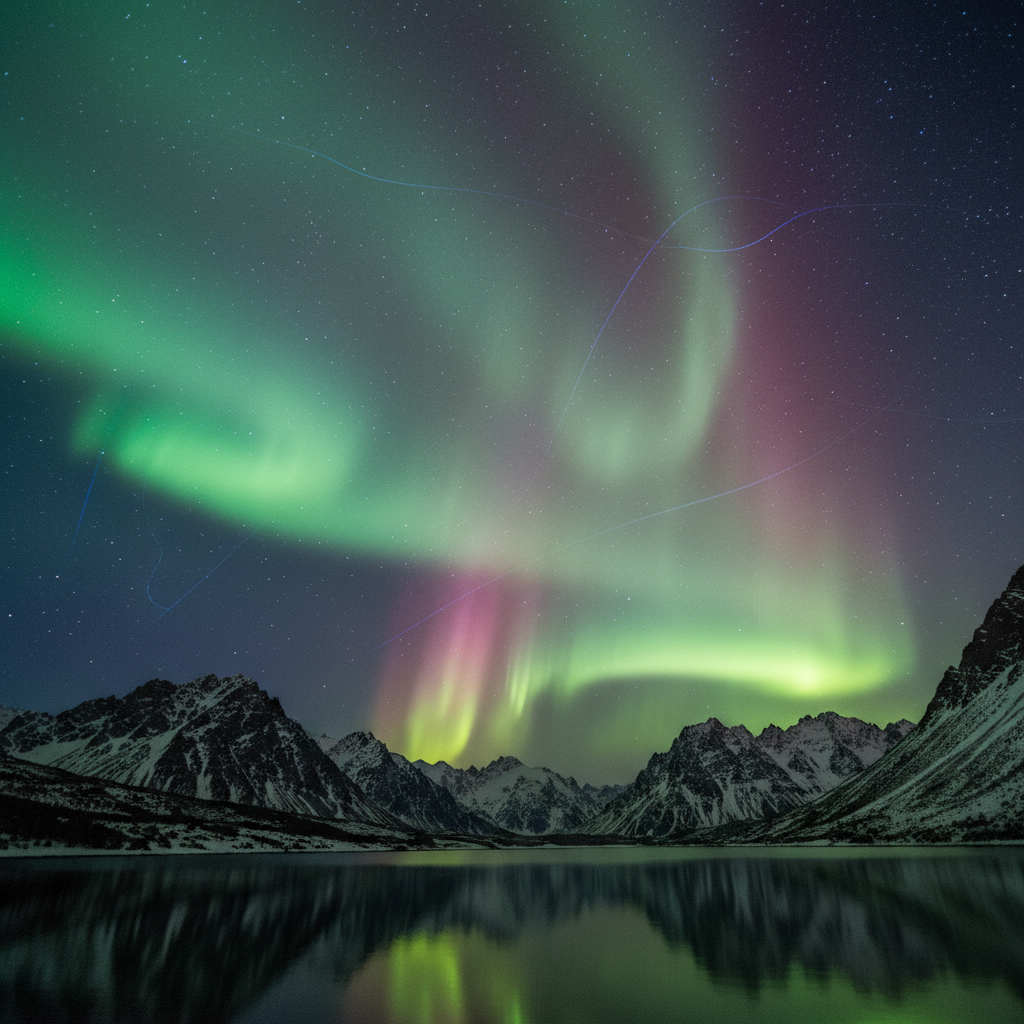 Aurora over mountains, showing magnetic field lines.