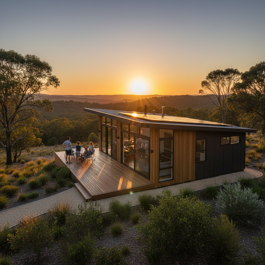 Modern prefabricated home in Australian landscape.