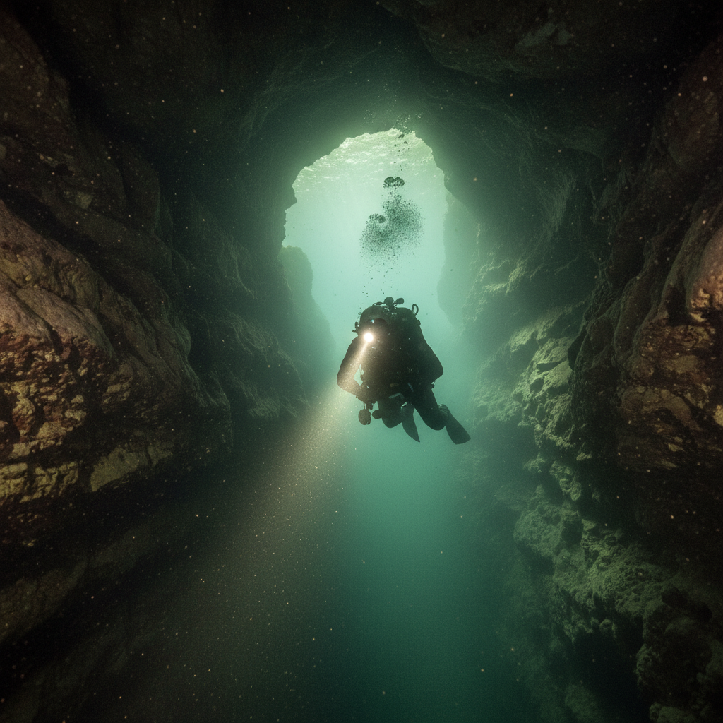 Cave diver in narrow, murky underwater passage.