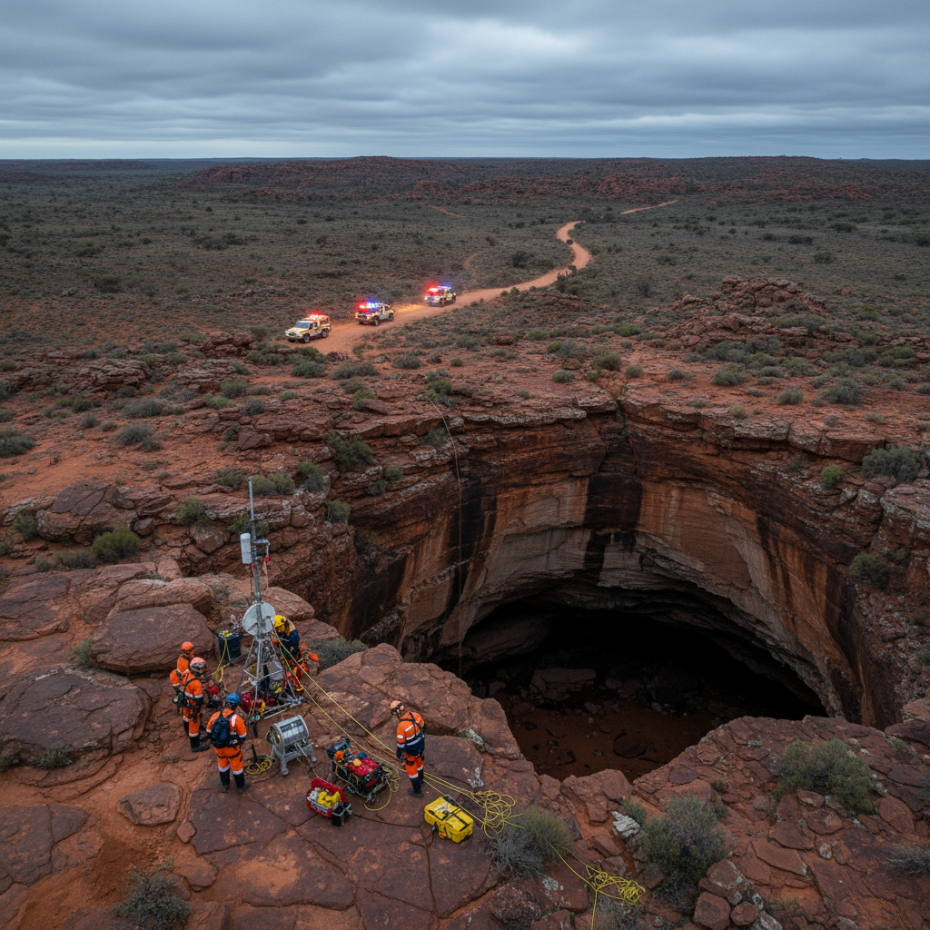 Remote cave rescue team setting up equipment.