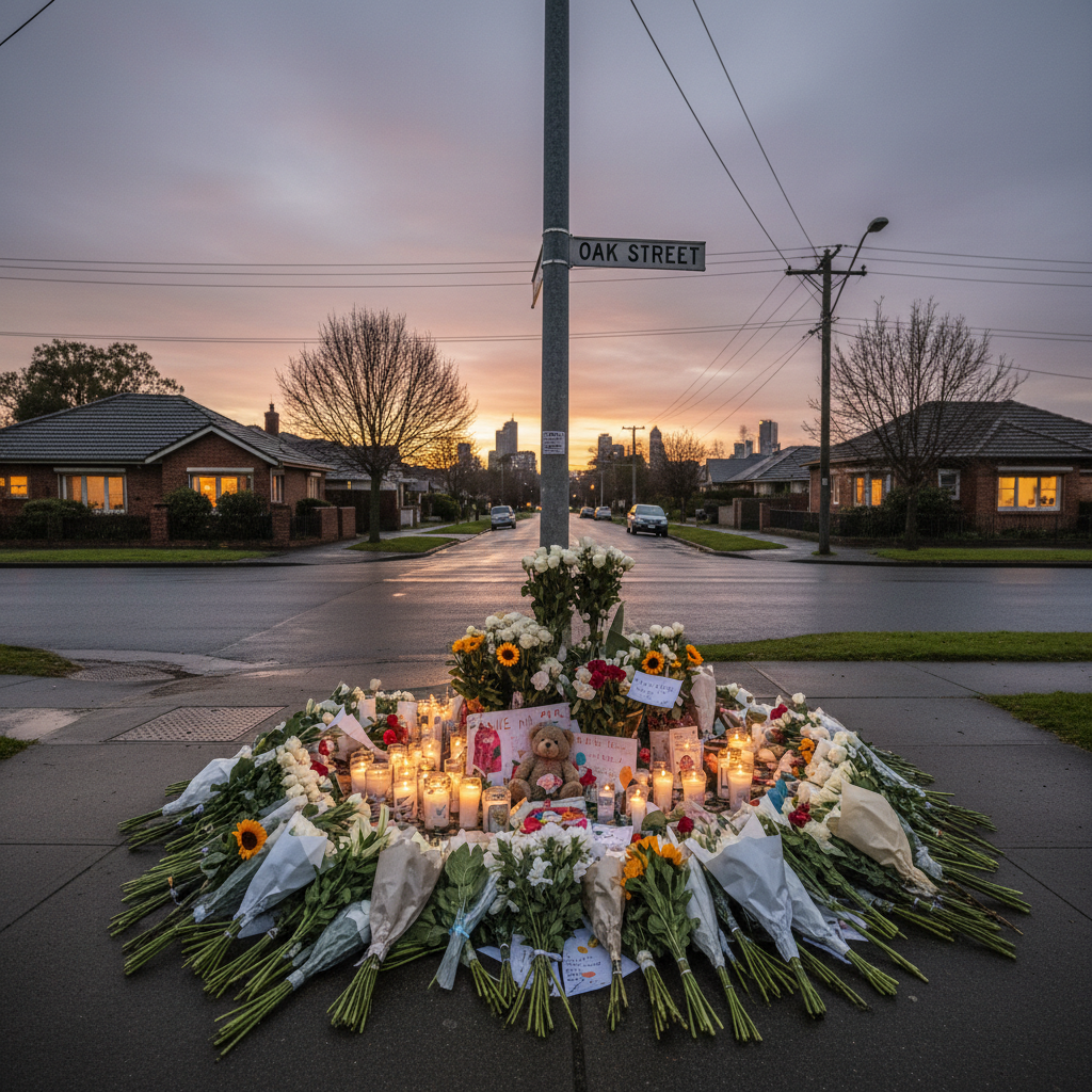 Melbourne community memorial site with flowers and candles.