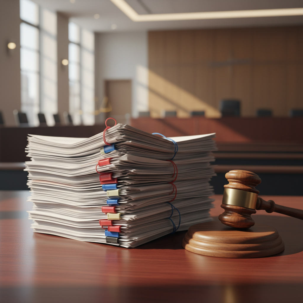 Legal documents and a gavel in a modern courtroom.