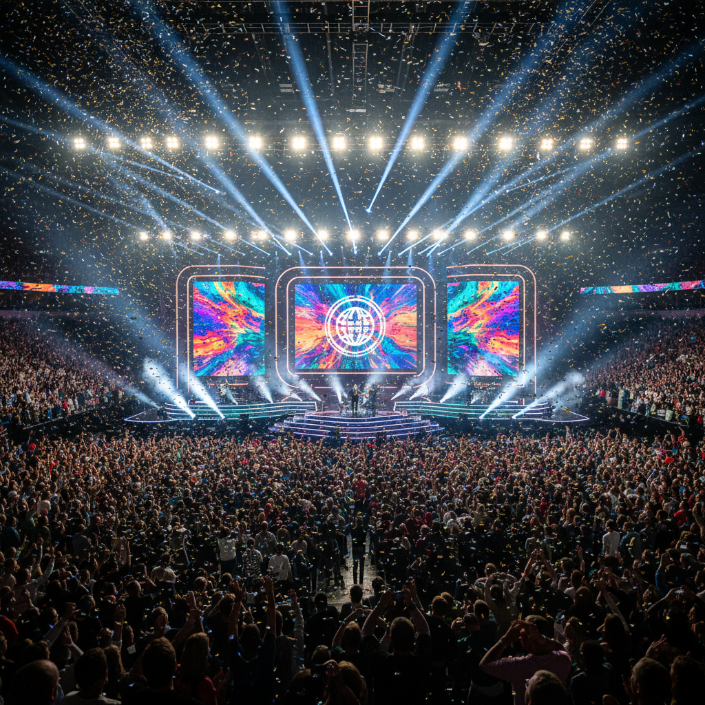 Grand music competition stage with cheering crowd