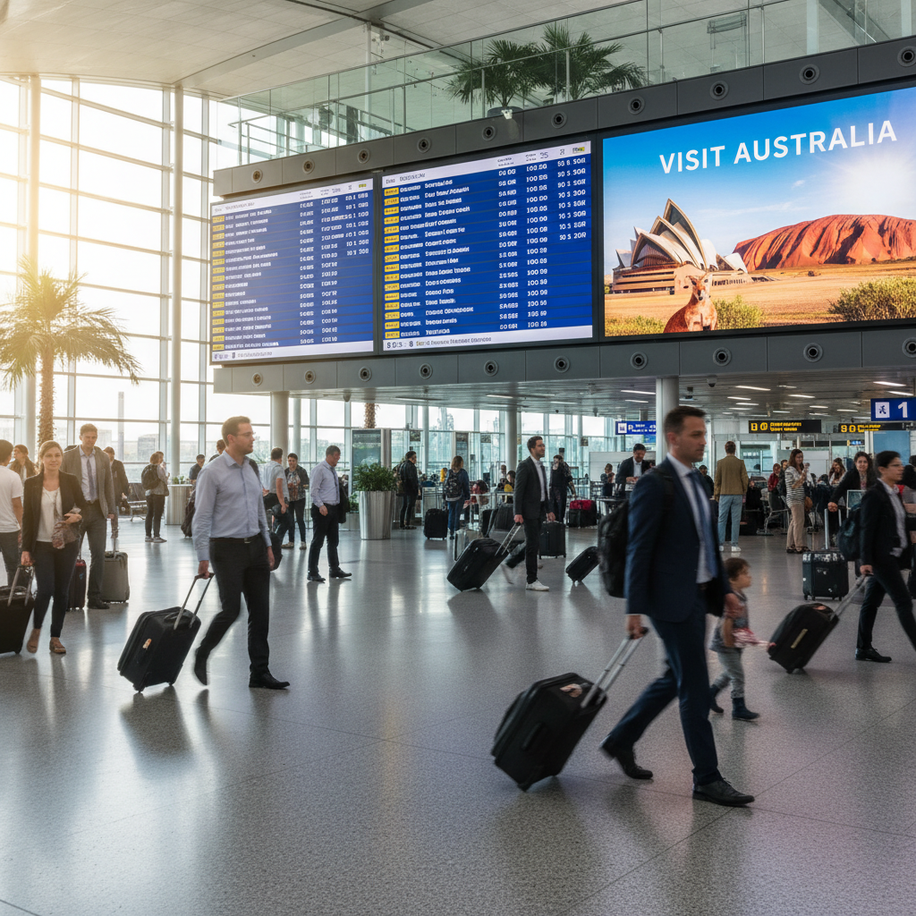 Busy airport terminal with tourism advertisement