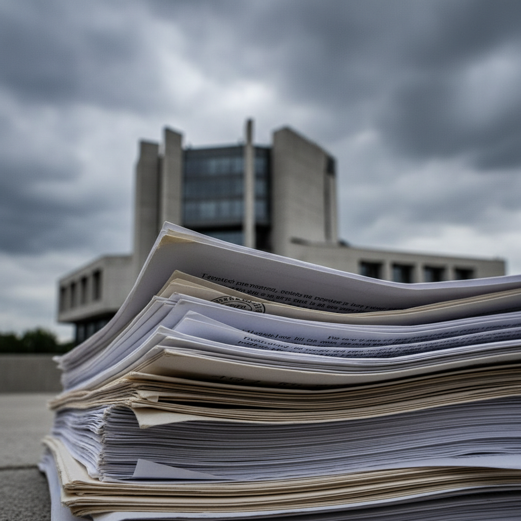 Government documents in front of a parliament building.