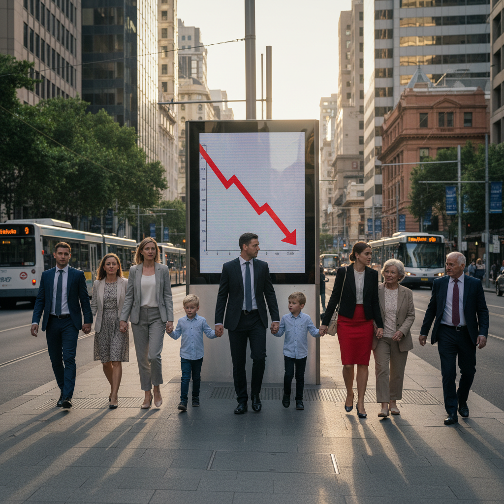 Diverse people viewing a declining trust graph on a digital billboard.