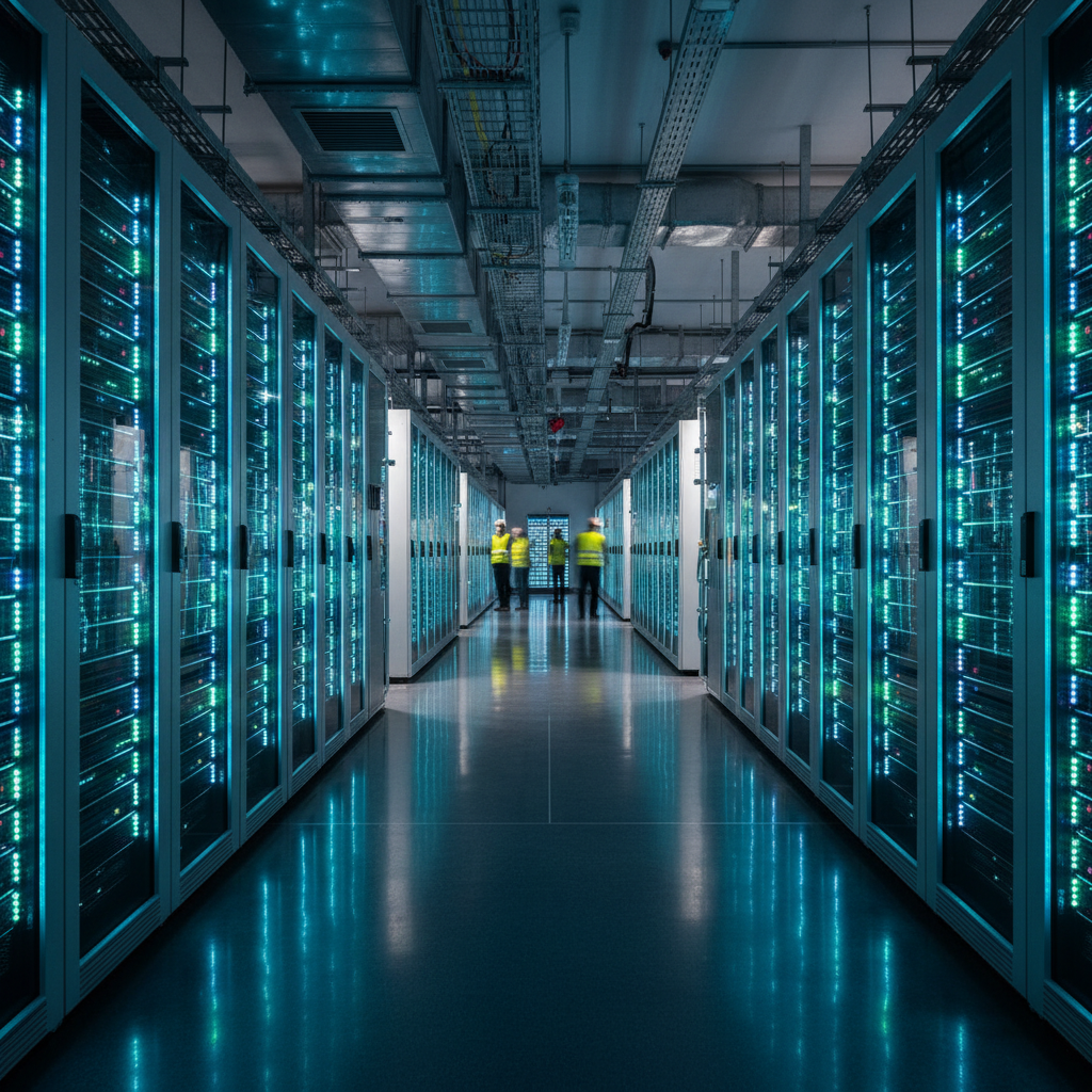 Modern data center interior with glowing server racks.