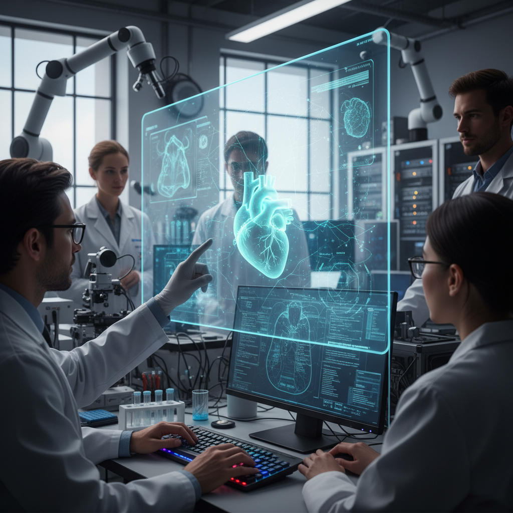 AI medical research lab with scientists and holographic display.