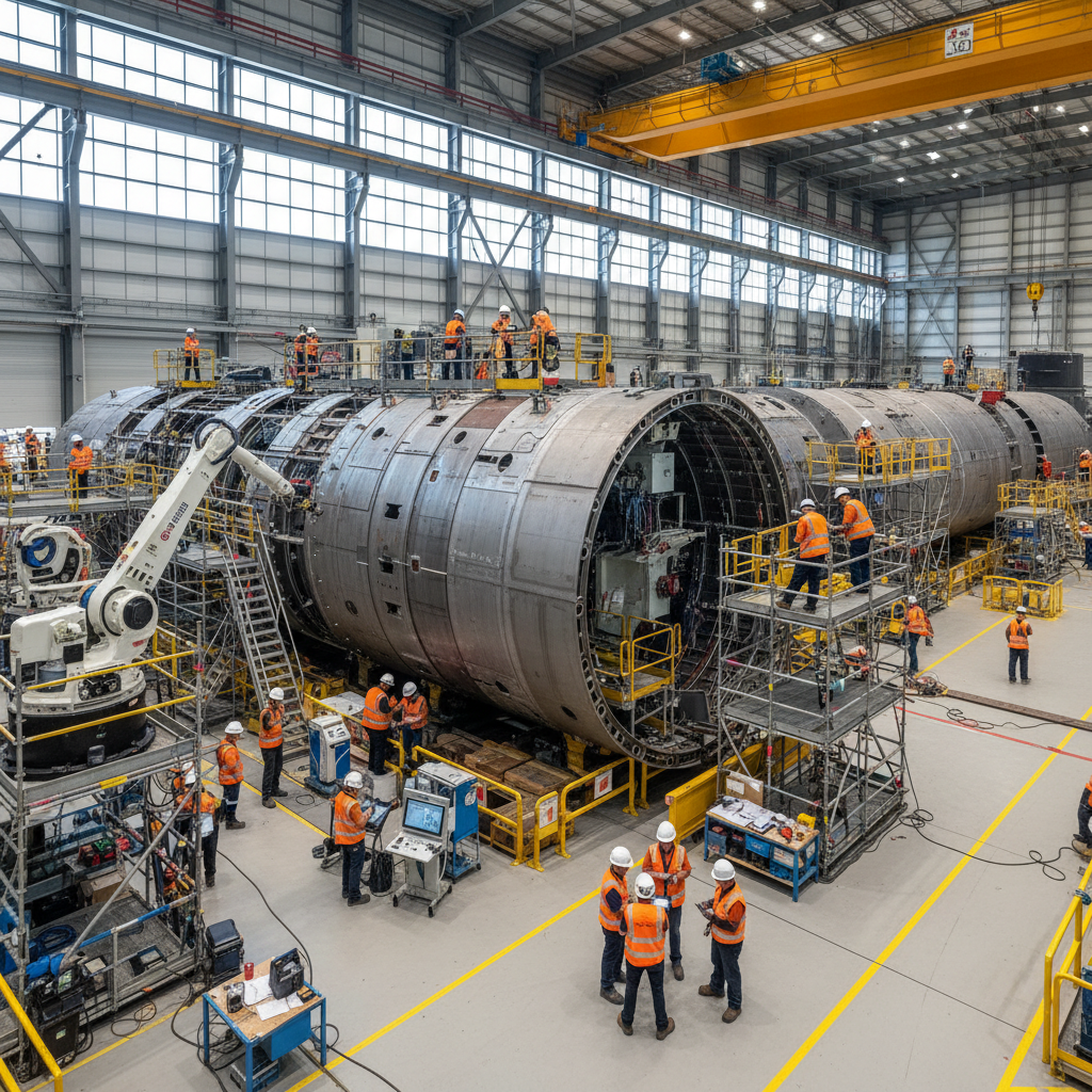Busy submarine shipyard interior