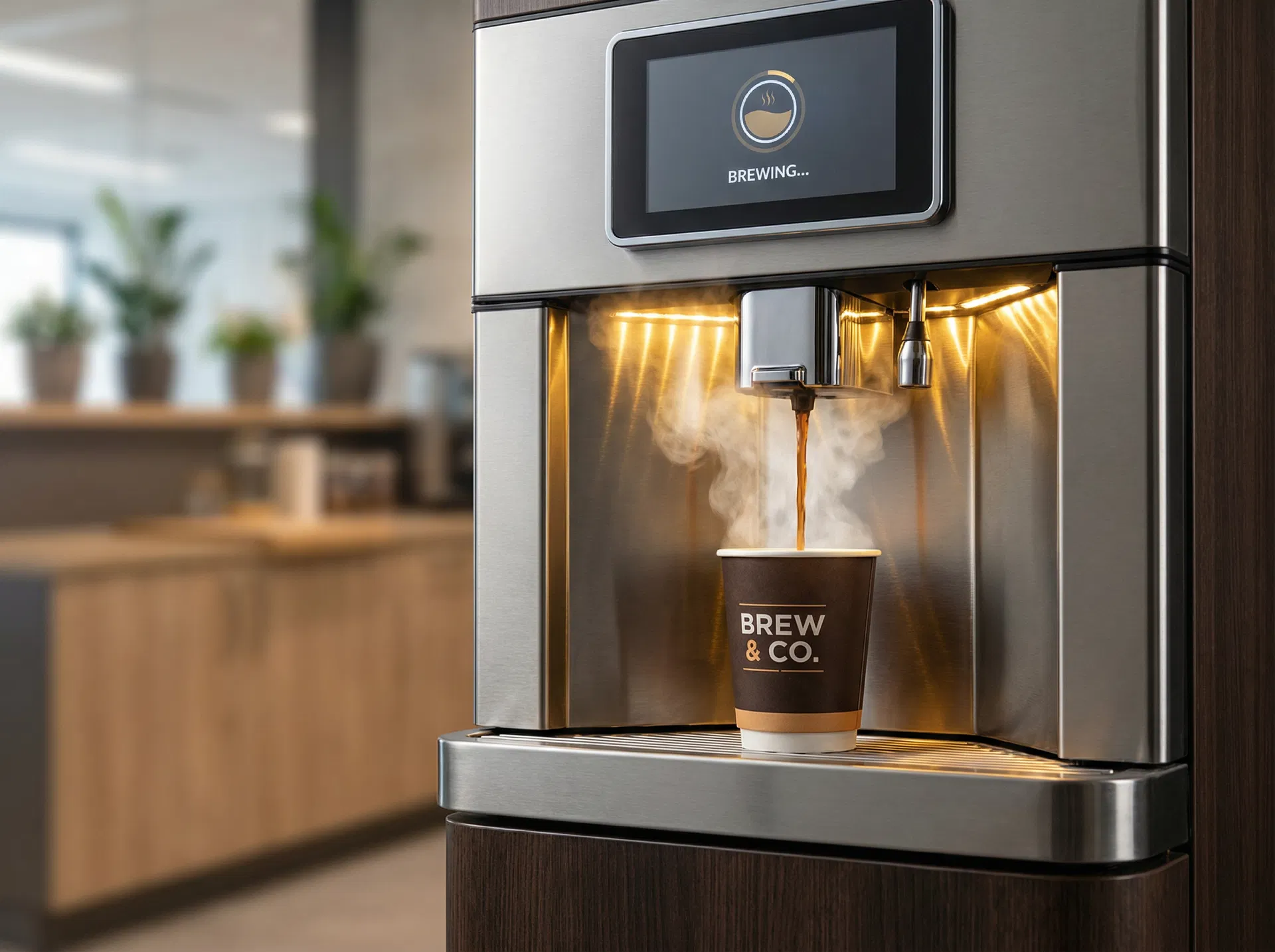 Premium coffee vending machine with cashless credit card payment — hot beverages, espresso, and specialty coffee for break rooms in Bakersfield, Fresno, Visalia, and Central California businesses