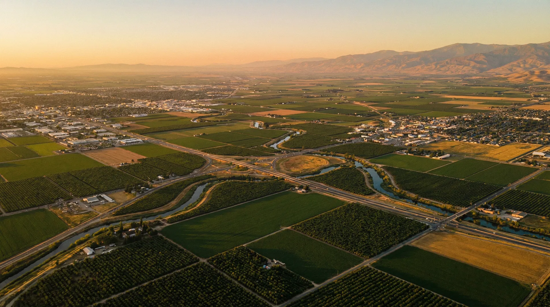 Aerial view of Central California San Joaquin Valley — BMFS Vending service area covering Bakersfield, Fresno, Visalia, Hanford, Tulare, Porterville, Delano, Clovis, and Madera
