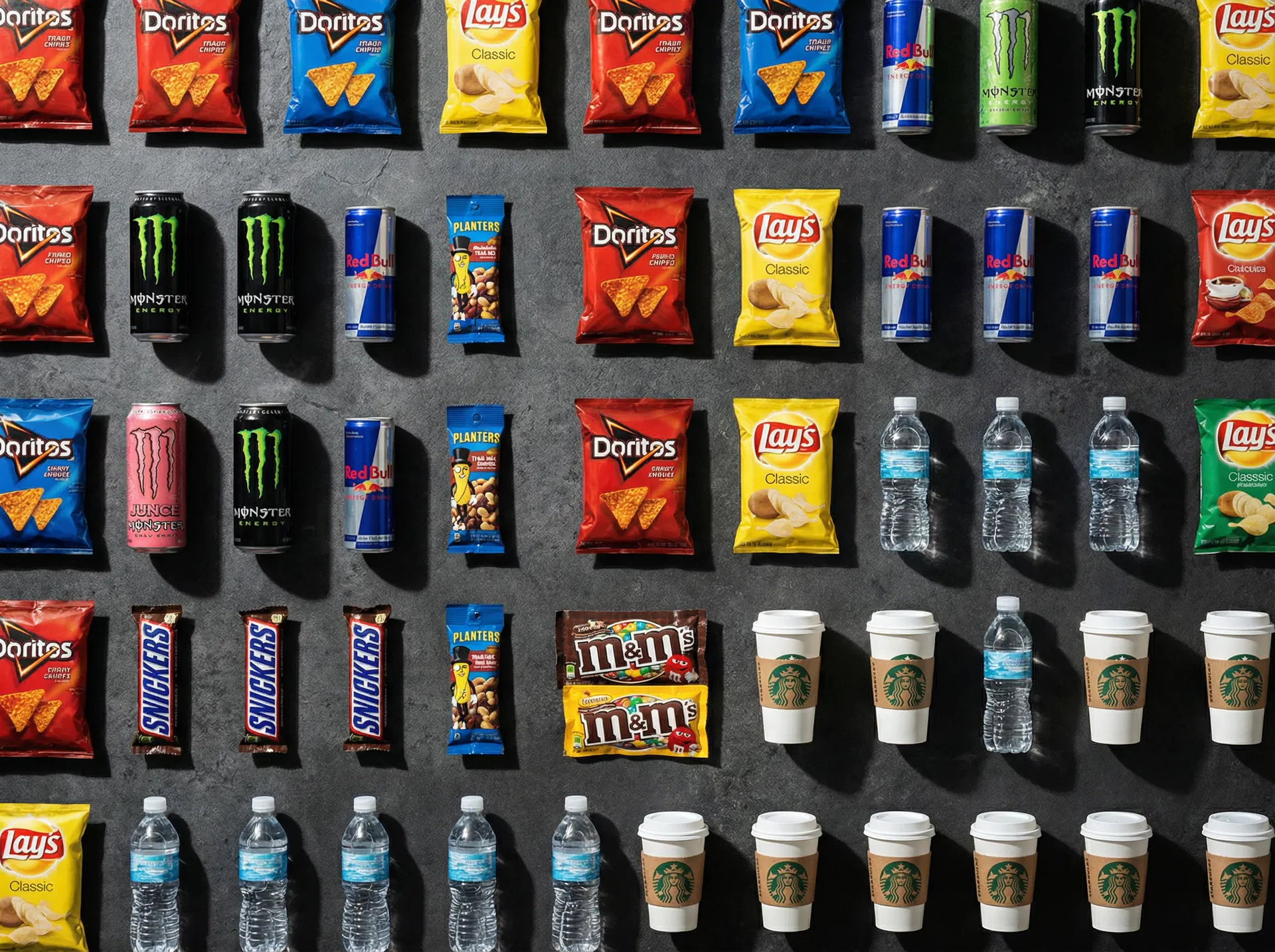 Vending machine snacks and beverages selection — chips, candy, healthy snacks, energy drinks, sodas, water, and juice available for offices, warehouses, and factories in Bakersfield, Fresno, and Central California