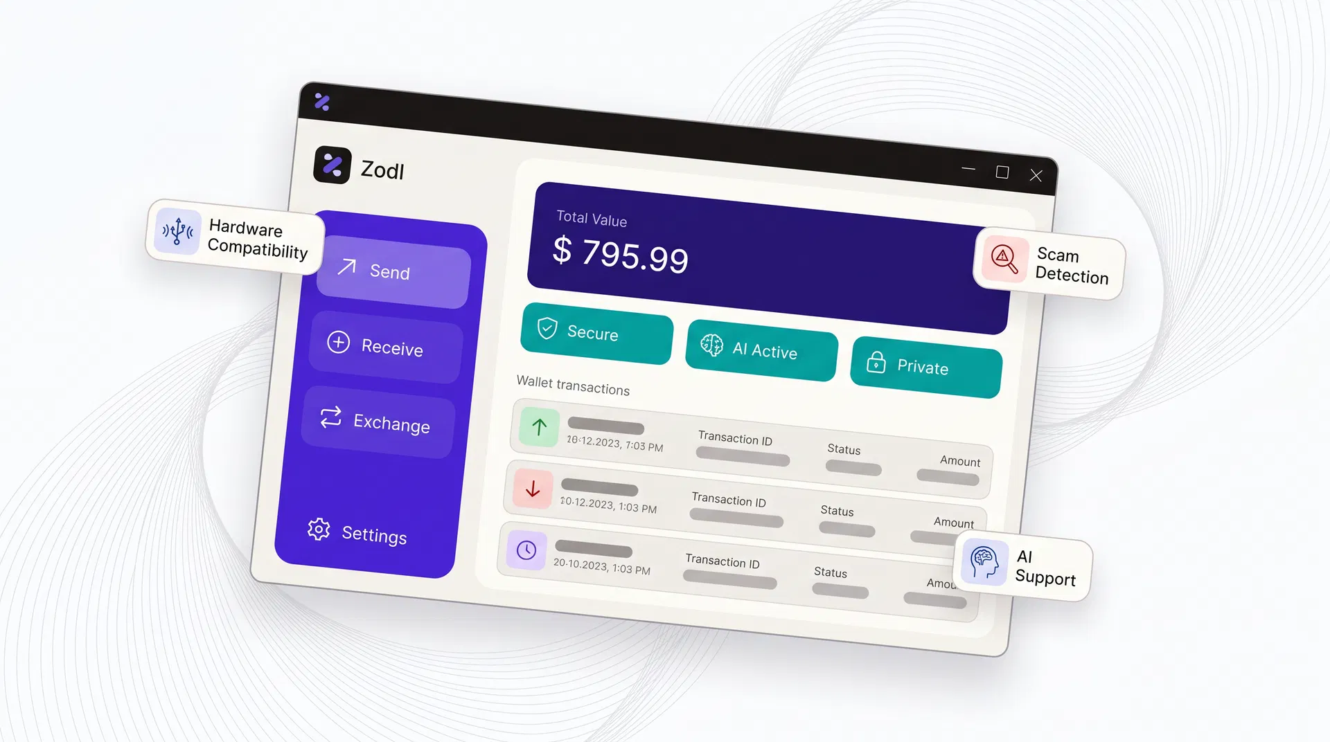 Zodl desktop app mockup with wallet controls and privacy status panels