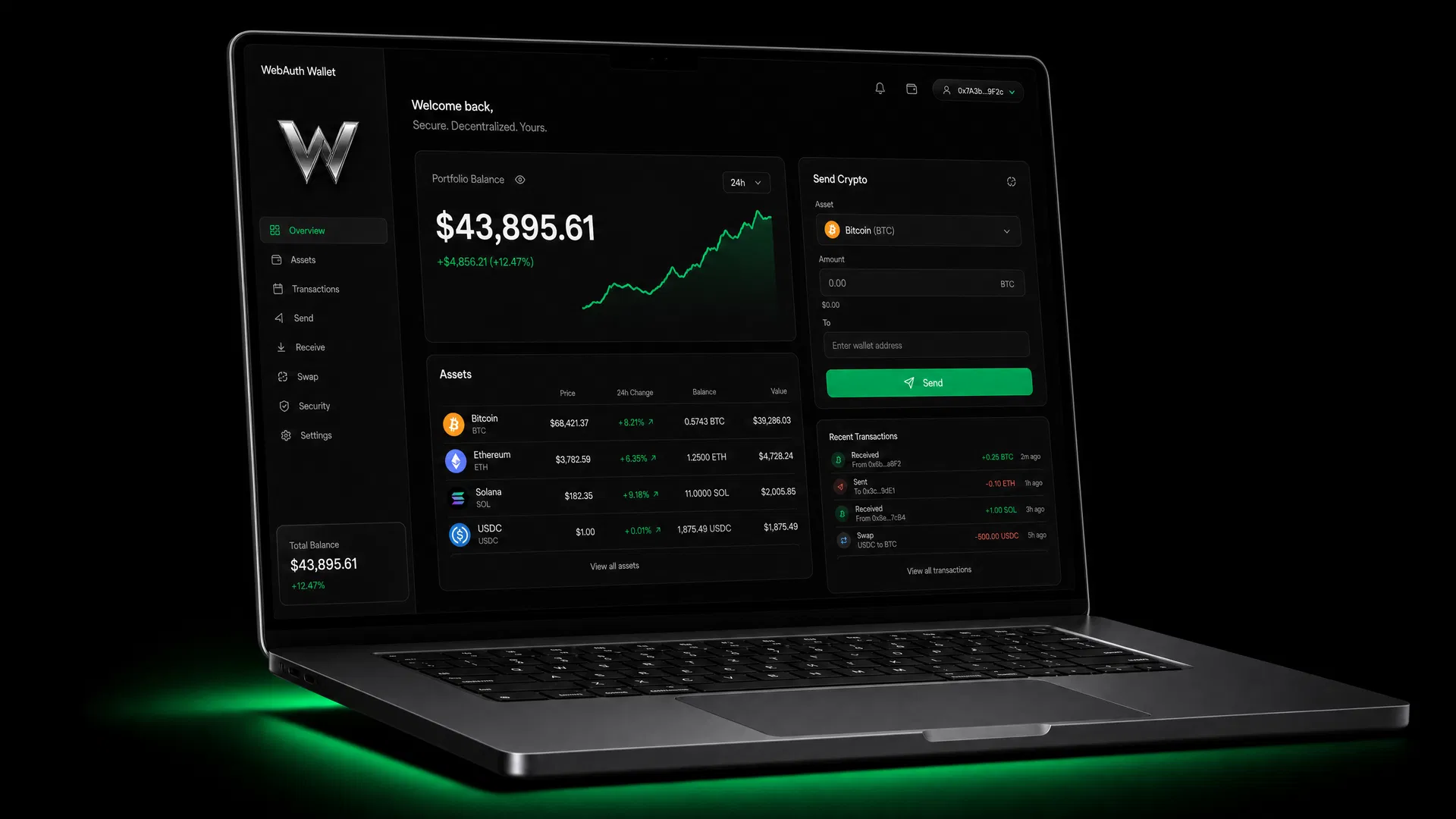 WebAuth desktop wallet for Windows showing portfolio dashboard with XPR Network and multi-chain asset management
