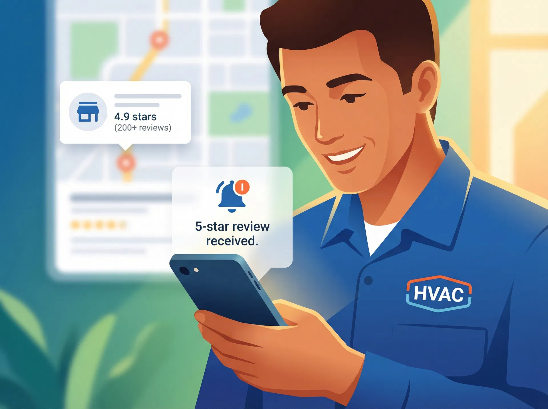 Business owner receiving 5-star review notification