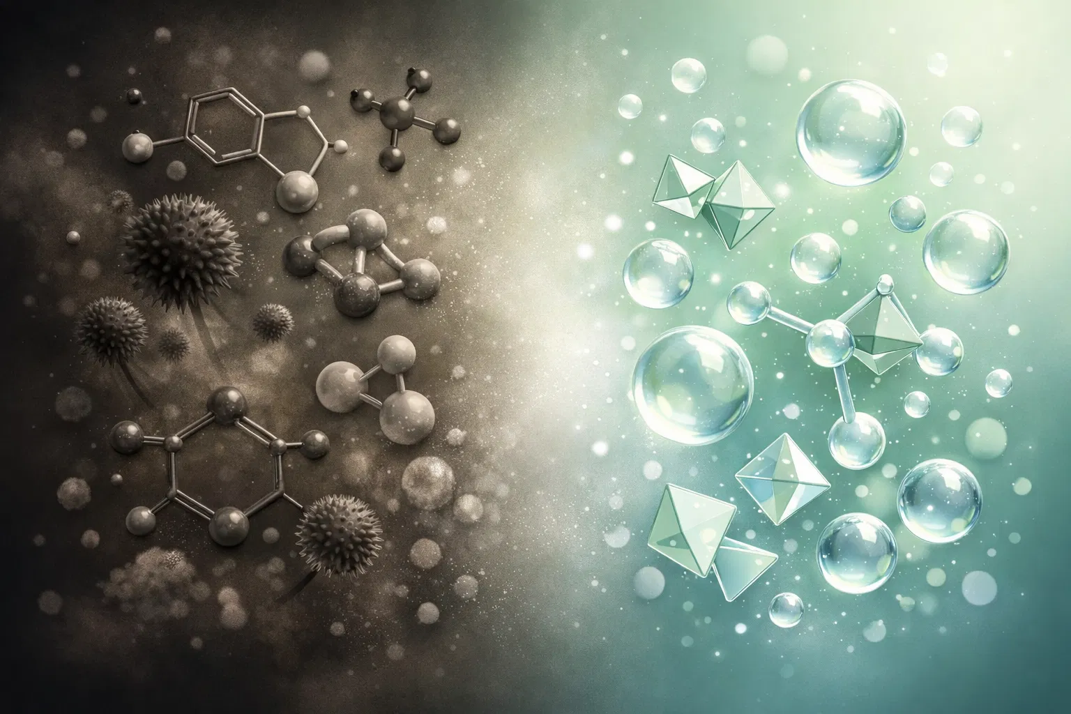 Visual comparison of polluted vs clean air molecules