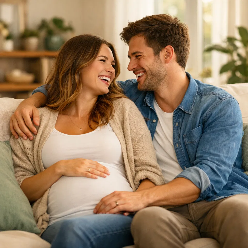 Happy expecting couple in their safe home