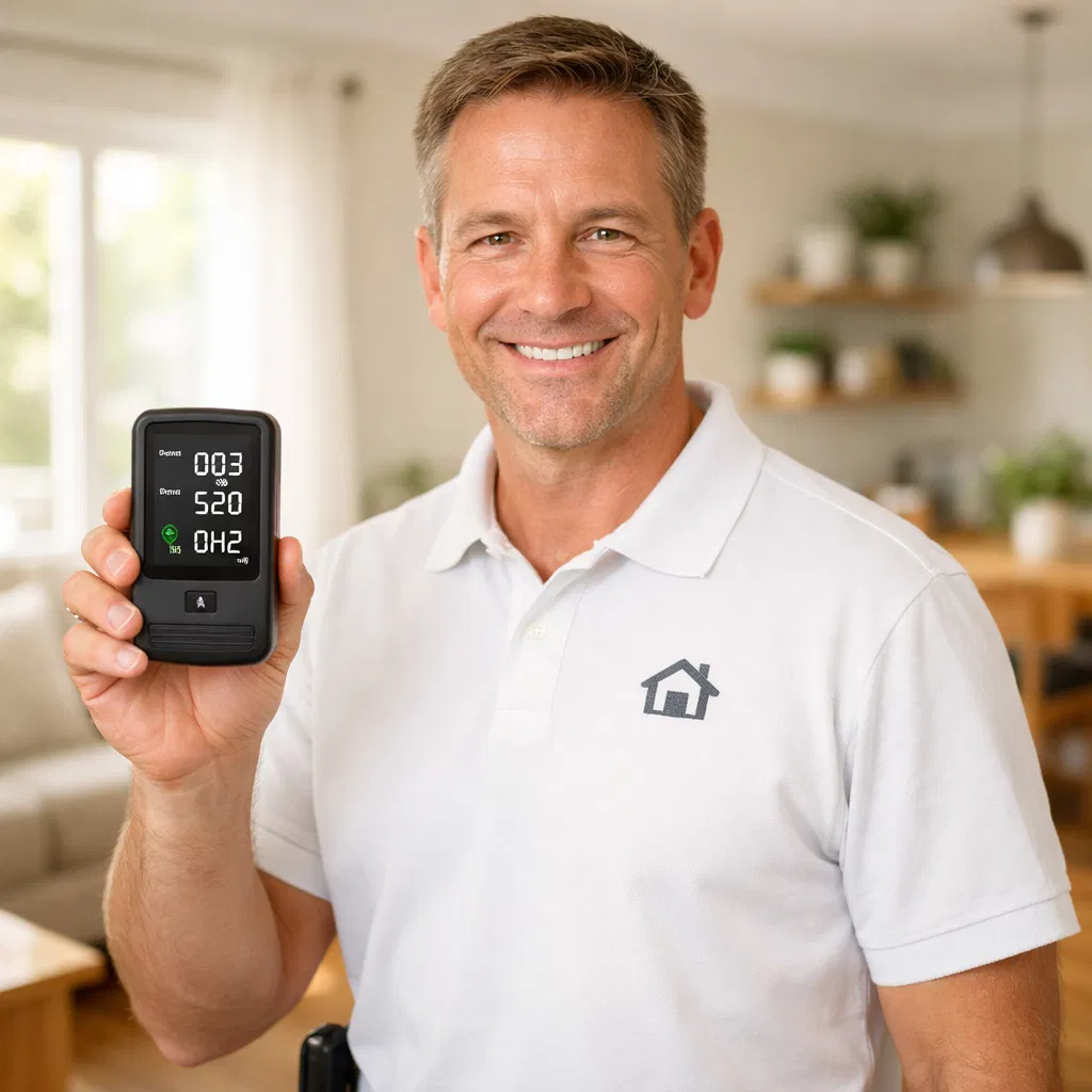 Professional air quality inspector with testing equipment