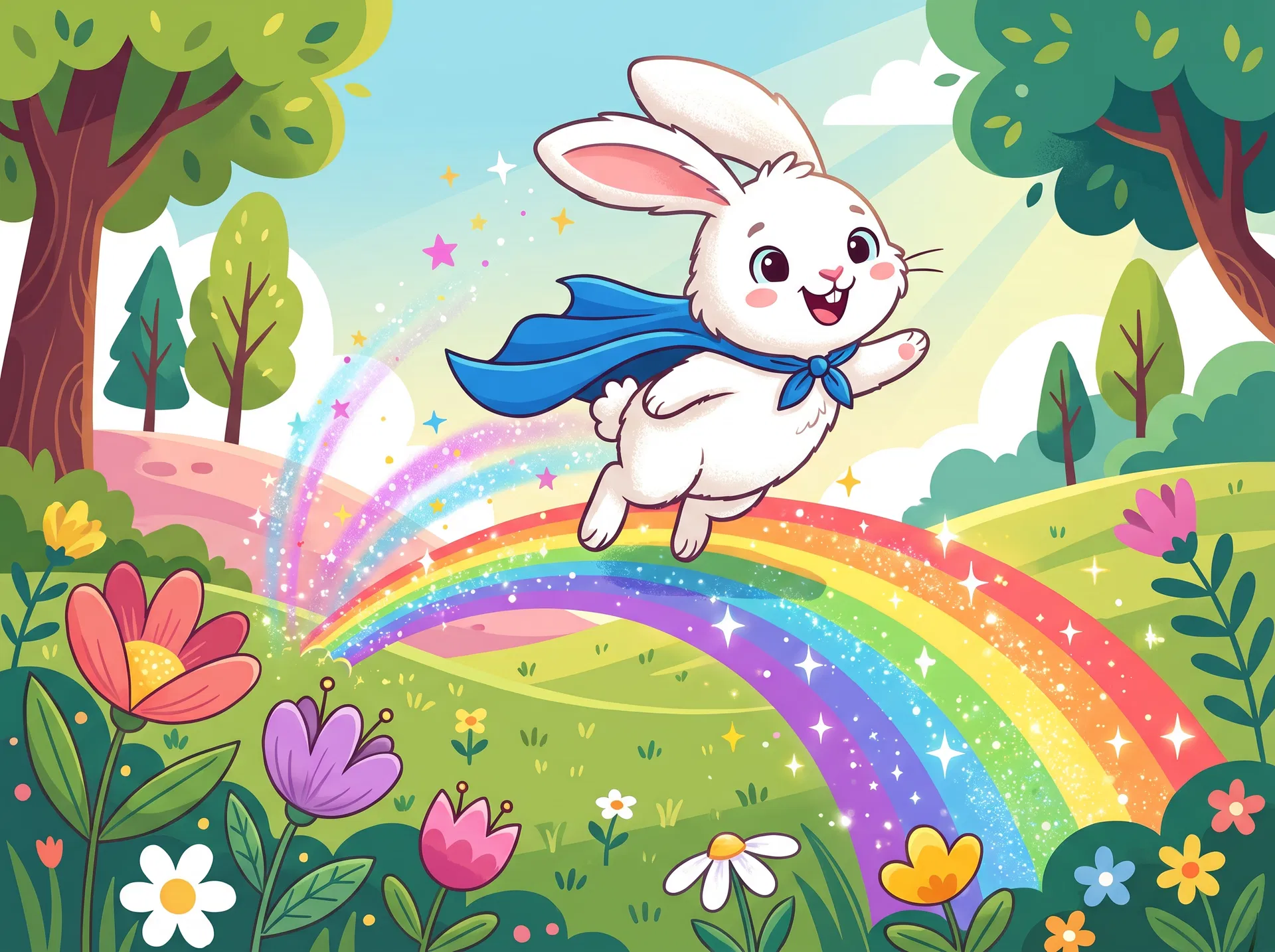 Super Bunny leaping over a rainbow in a magical meadow