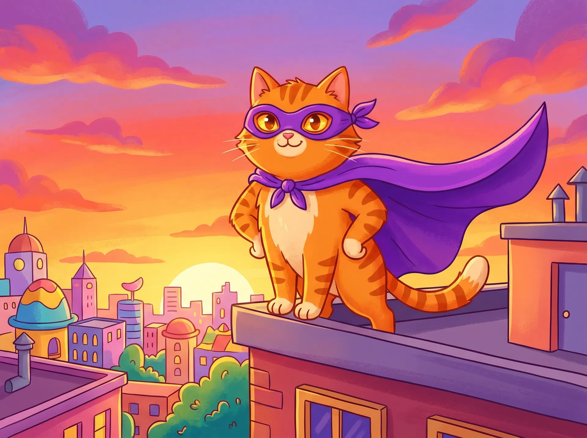 Captain Tabby - an orange cat superhero on a rooftop