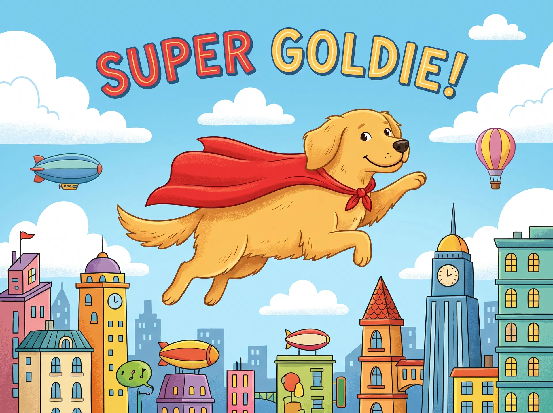 Super Goldie - a golden retriever superhero flying over a colorful city