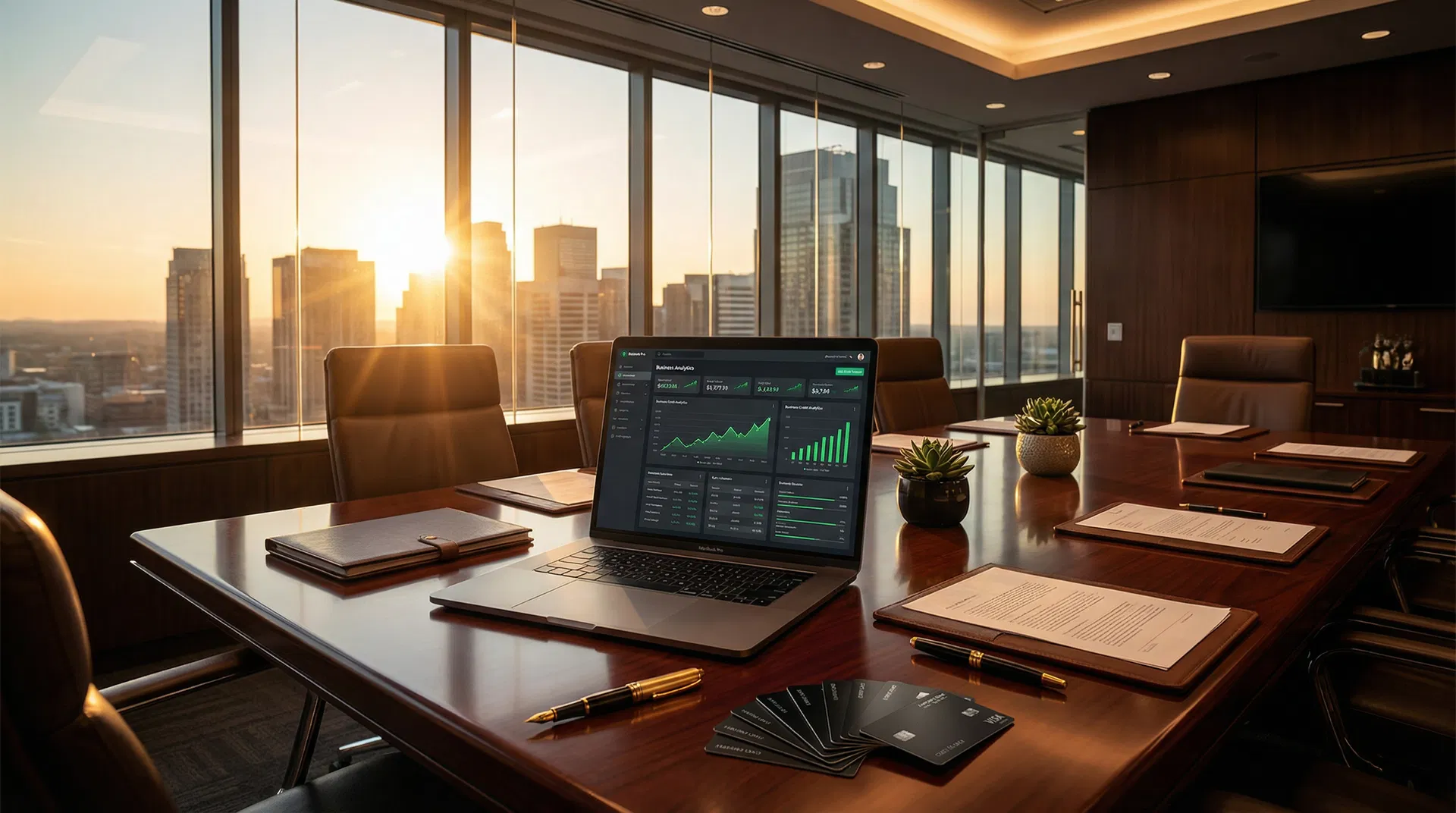 Executive boardroom with business credit analytics