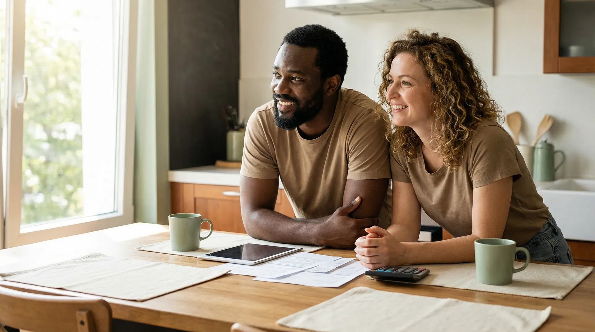 Happy couple reviewing their improved credit