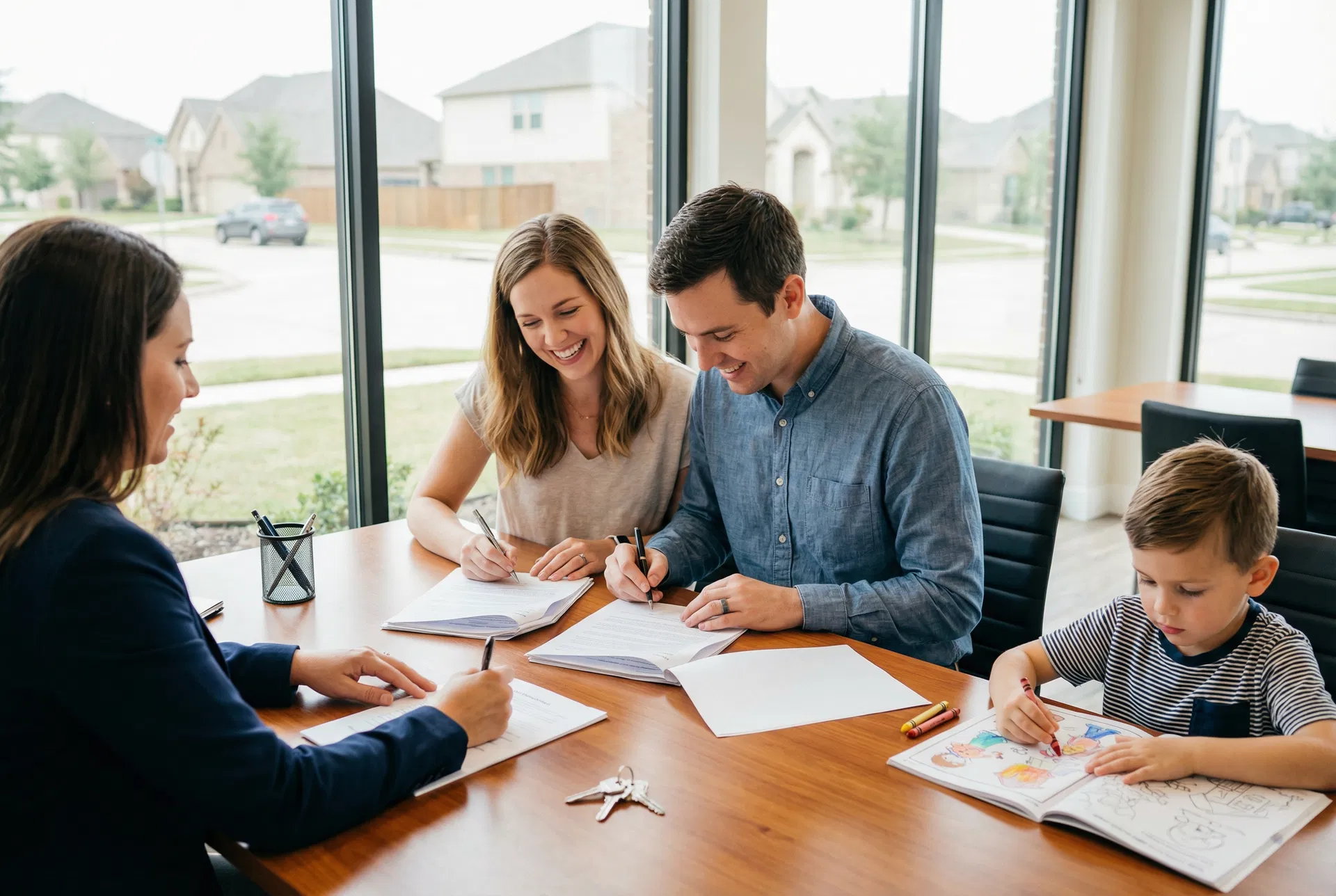 Family signing for their new home with lender while their son colors