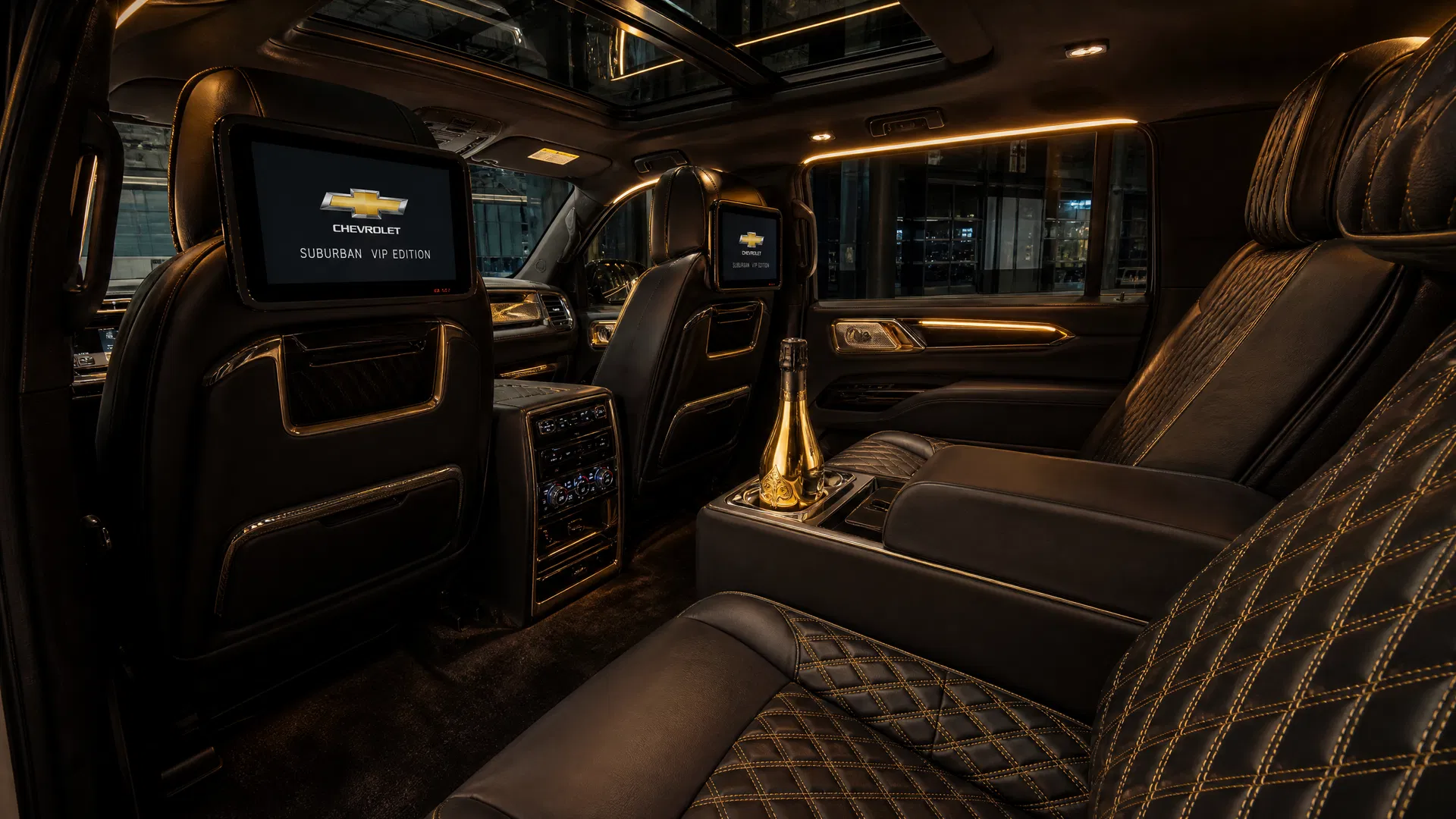 Chevrolet Suburban VIP interior — diamond leather gold lighting Berlin Limo