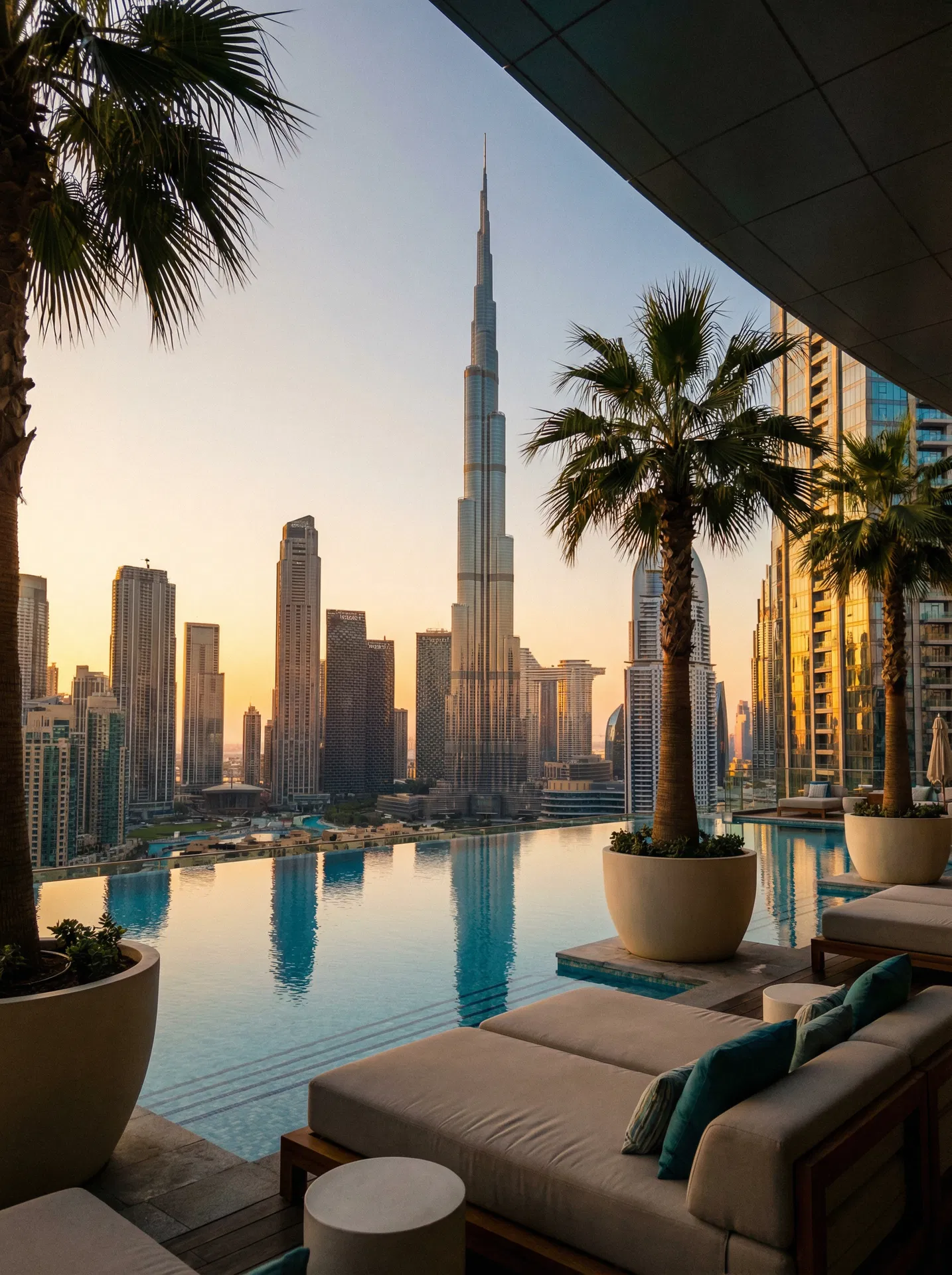 Dubai — Luxury infinity pool with skyline at golden hour