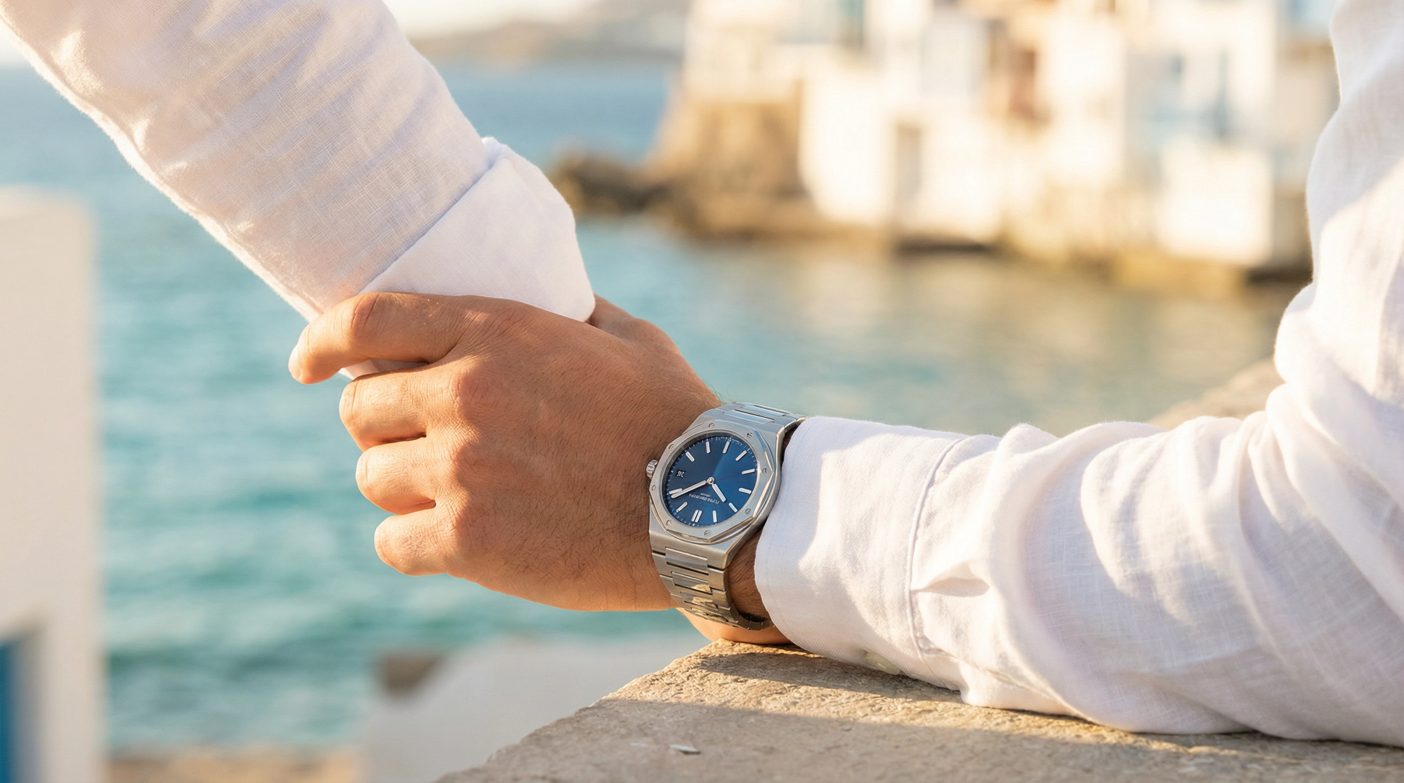 Luxury VALUSIS watch on wrist by the Mediterranean sea