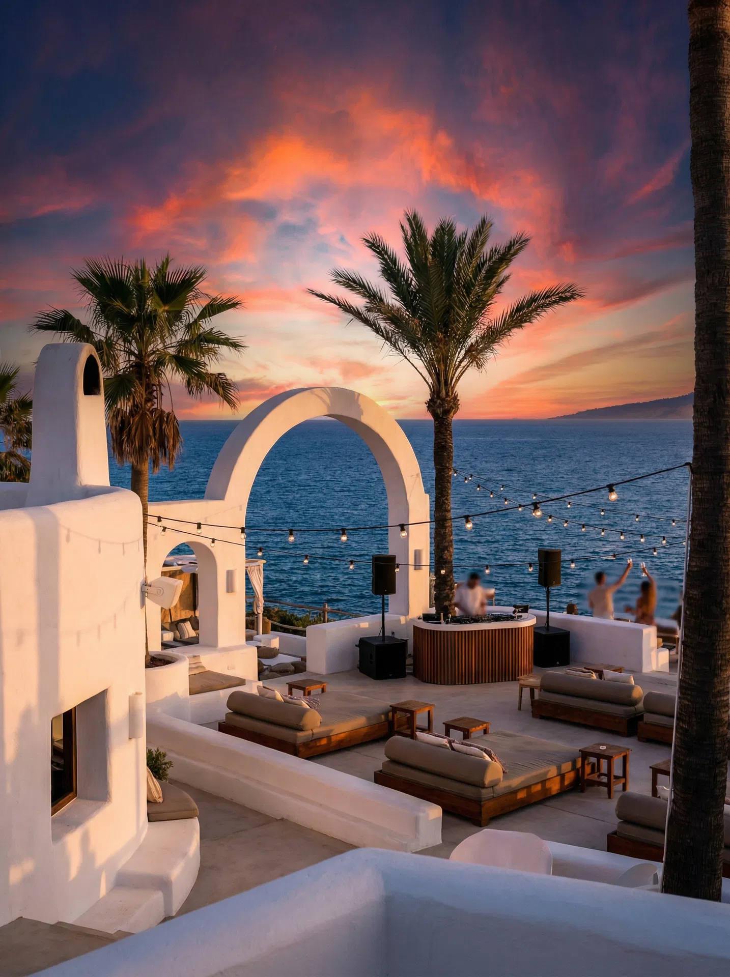 Ibiza — Sunset terrace with palm trees and ocean view