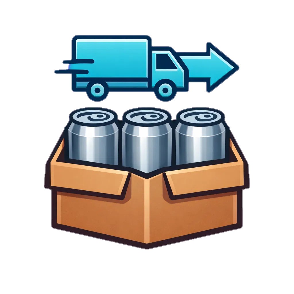 Beverage packaging and shipping service icon - box with cans and delivery truck