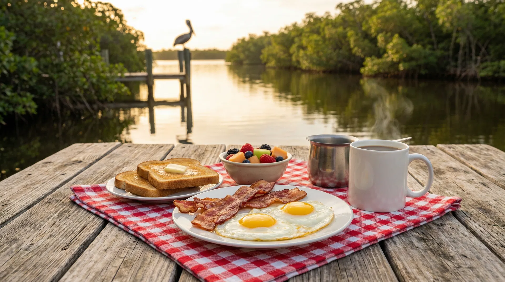 Waterfront breakfast with bacon, eggs, toast, fresh fruit and coffee on the Barron River dock