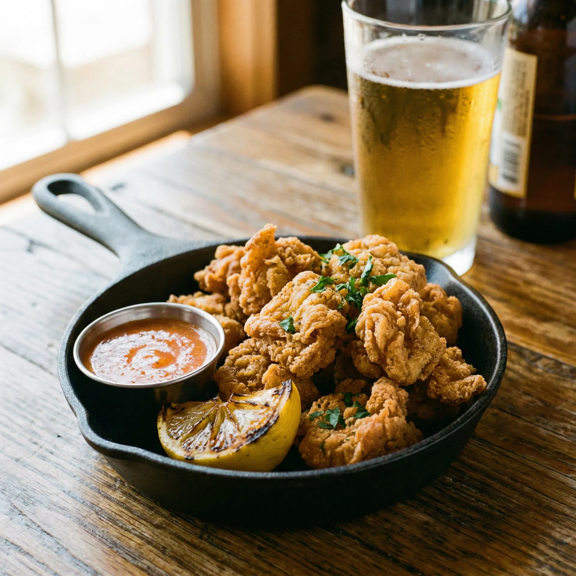 Fried alligator nuggets in a cast iron skillet